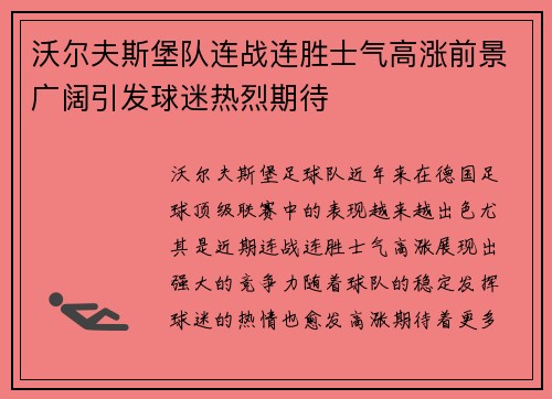 沃尔夫斯堡队连战连胜士气高涨前景广阔引发球迷热烈期待