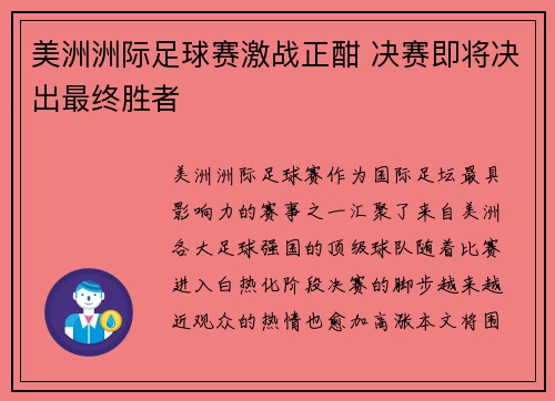 美洲洲际足球赛激战正酣 决赛即将决出最终胜者